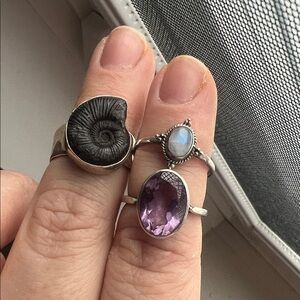 3 925 Sterling Silver Rings—amethyst, moonstone, fossil